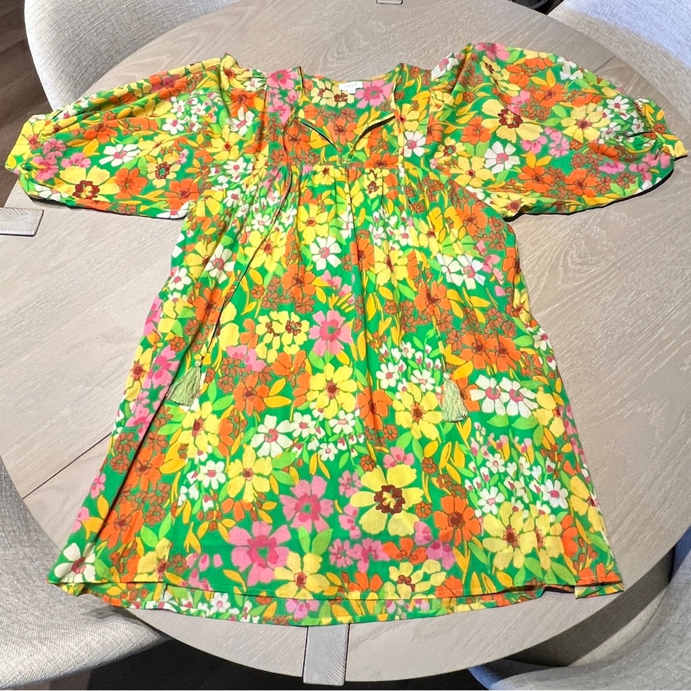 ODDY Babydoll Dress Women’s Small Green Floral Boho Puff Sleeve Tassel Oversized - Picture 8 of 16